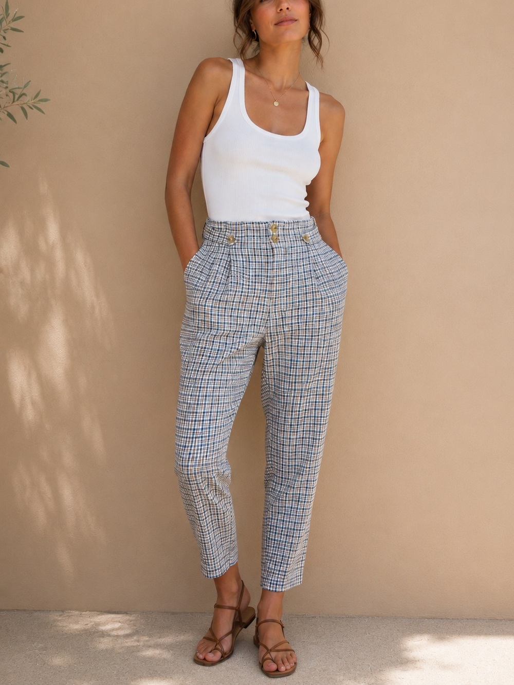 Sundance Life of Dreams Pleated Plaid Ankle Tapered Pants High Waist 6 Linen